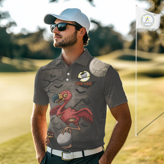Funny Halloween Flamingo Pumpkin Golf Polo Shirt For Men Custom Halloween Mens Golf Tops NQS10704