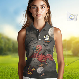 Funny Halloween Flamingo Pumpkin Women Sleeveless Golf Polo Shirt Custom Halloween Ladies Golf Tops NQS10704