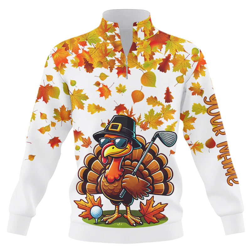 Thanksgiving autumn leaf pattern custom Quarter zip golf sweatshirt, Funny Turkey golf tops sweater NQS8748