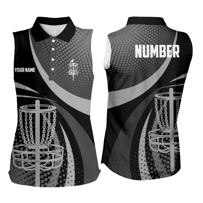 Black Grey Dot pattern disc golf basket custom Women sleeveless golf polo shirt, frisbee golf jersey NQS8749