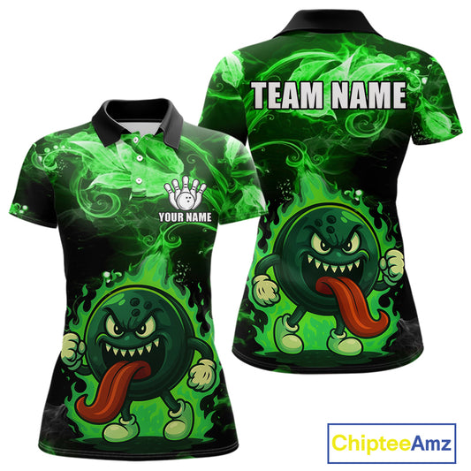 Personalized Funny Bowling Shirts for Women Green Flame Custom Bowling Team Outfit, Gift For Bowlers NQS10909