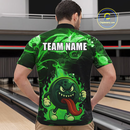 Personalized Funny Bowling Shirts for Men Green Flame Custom Bowling Team Outfit, Gift For Bowlers NQS10909
