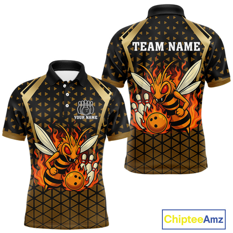 Custom Black and Gold Bee Bowling Polo, Quarter Zip Shirts For Men, Bee Bowling Team Bowlers Outfit NQS10911