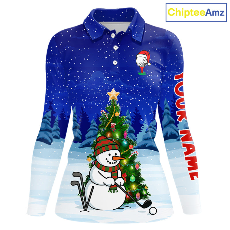Funny Snowman Golf Blue Christmas Golf Polo Shirts For Women custom Christmas golf outfit, golf gifts NQS10912