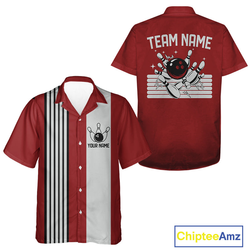 Retro Black and red stripe Bowling Hawaiian shirt custom bowling team jerseys Bowler Outfits NQS11096