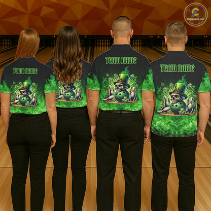 Green Flame Smoke St Patrick's Day Eagle Skull Men's Bowling Shirts Custom Lucky Bowling Team Jersey NQS11286