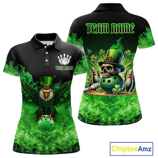 Green Flame Smoke St Patrick's Day Eagle Skull Women's Bowling Shirt Custom Lucky Bowling Team Jersey NQS11286