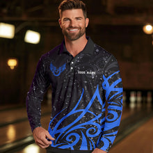 Load image into Gallery viewer, Black and Blue Camo Bowling Polo, Quarter Zip Shirts For Men Custom Team Bowling Jersey bowlers outfit NQS9417