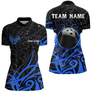 Black and Blue Camo Bowling Polo, Quarter Zip Shirt For Women Custom Team Bowling Jersey bowler outfit NQS9417