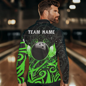 Black and Green Camo Bowling Polo, Quarter Zip Shirt For Men Custom Team Bowling Jersey bowlers outfit NQS9418