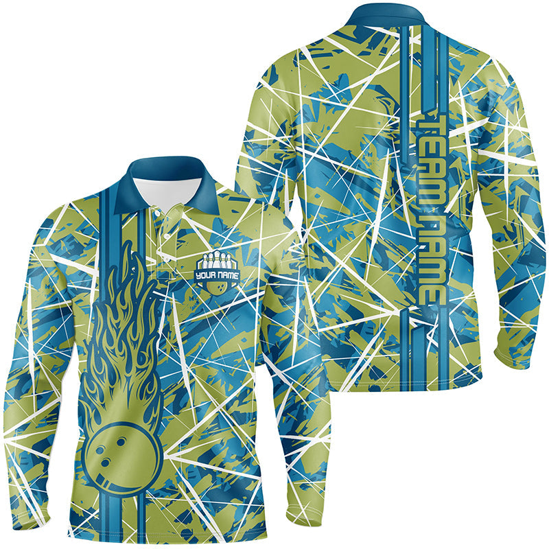 Green flame bowling ball camo custom Men Bowling Polo Shirts, team bowling jerseys gift for bowler NQS7508