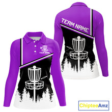 Load image into Gallery viewer, Black, White and Purple Disc Golf basket Womens Disc golf polo shirts Custom team disc golf jersey NQS9996