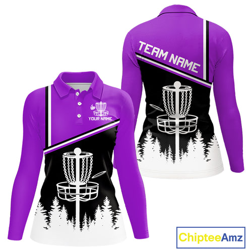 Black, White and Purple Disc Golf basket Womens Disc golf polo shirts Custom team disc golf jersey NQS9996