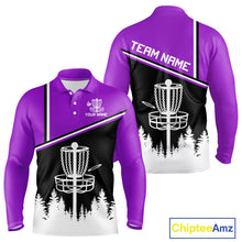 Load image into Gallery viewer, Black, White and Purple Disc Golf basket Mens Disc golf polo shirts Custom team disc golf jerseys NQS9996