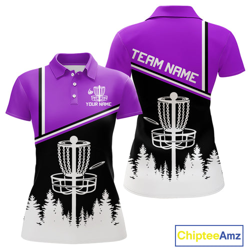Black, White and Purple Disc Golf basket Womens Disc golf polo shirts Custom team disc golf jersey NQS9996