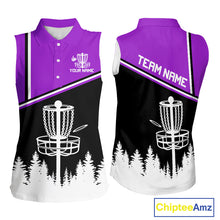 Load image into Gallery viewer, Black, White and Purple Disc Golf basket Sleeveless Disc golf polo shirts Custom team disc golf jersey NQS9996