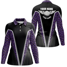 Load image into Gallery viewer, Black Womens golf polo shirt custom name purple leopard team ladies golf tops NQS5797