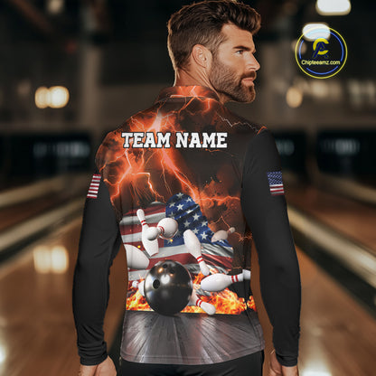 Orange Lightning thunder storm American Flag Bowling Shirt For Men Custom Bowling Team League Jerseys NQS10291