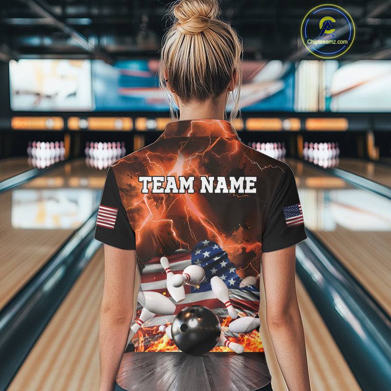 Orange Lightning thunder American Flag Bowling Shirt For Women Custom Bowling Team League Jersey NQS10291