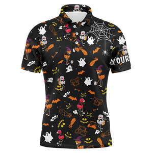 Funny Mens golf polo shirt orange black Halloween background custom name Flamingo golf friends NQS6185