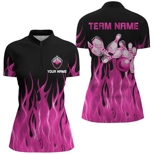 Personalized Women Polo, 1/4 Zip Bowling Shirt pink Flame Bowling Ball Pins bowling jersey for Bowler NQS8516