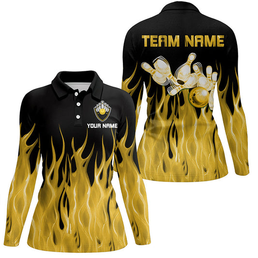 Personalized Women Polo, 1/4 Zip Bowling Shirt Yellow Flame Bowling Ball Pin bowling jersey for Bowler NQS8517