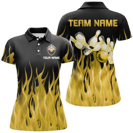 Personalized Women Polo, 1/4 Zip Bowling Shirt Yellow Flame Bowling Ball Pin bowling jersey for Bowler NQS8517