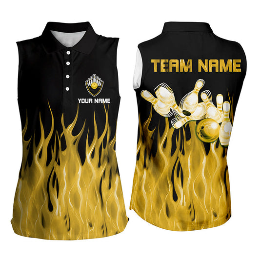 Personalized Women sleeveless polo shirts Yellow Flame Bowling Ball Pins bowling jerseys for Bowler NQS8517