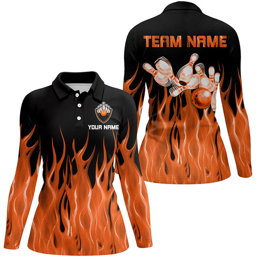 Personalized Women Polo, 1/4 Zip Bowling Shirt Orange Flame Bowling Ball Pin bowling jersey for Bowler NQS8518