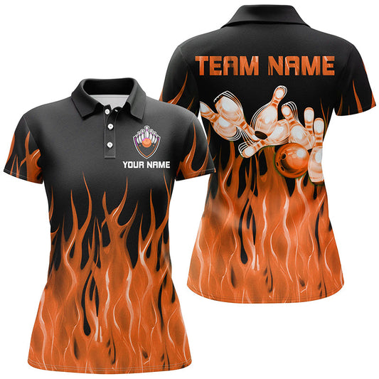 Personalized Women Polo, 1/4 Zip Bowling Shirt Orange Flame Bowling Ball Pin bowling jersey for Bowler NQS8518