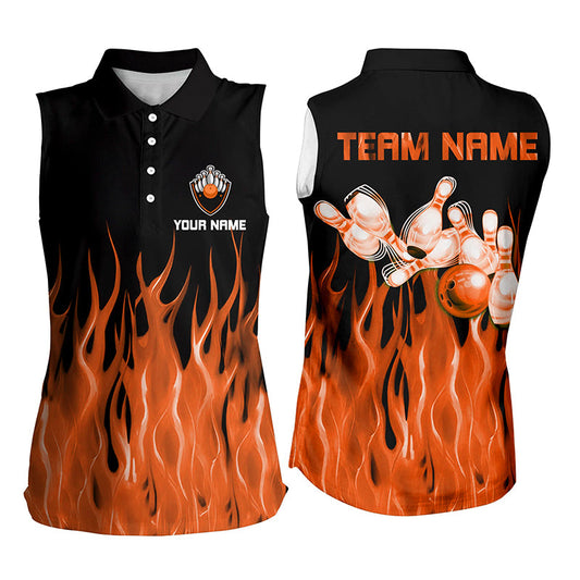 Personalized Women sleeveless polo shirts Orange Flame Bowling Ball Pins bowling jerseys for Bowler NQS8518