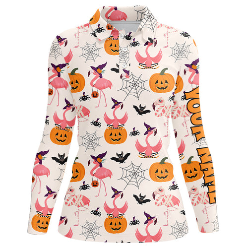 Funny Womens golf polo shirts custom Halloween pumpkin flamingo pattern shirt, Halloween golf outfit NQS8519