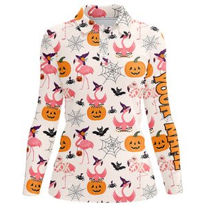 Funny Womens golf polo shirts custom Halloween pumpkin flamingo pattern shirt, Halloween golf outfit NQS8519