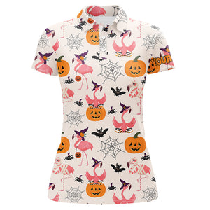 Funny Womens golf polo shirts custom Halloween pumpkin flamingo pattern shirt, Halloween golf outfit NQS8519