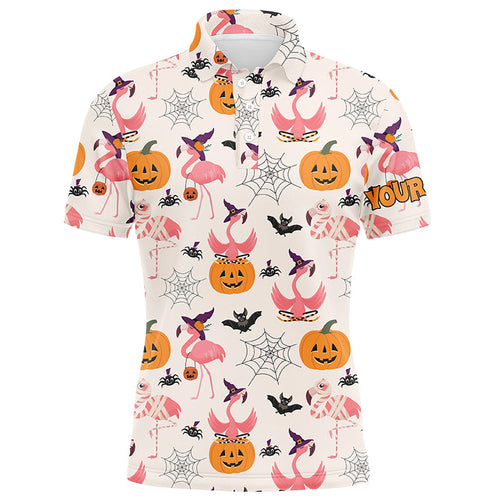 Funny Men golf polo shirt custom Halloween pumpkin flamingo pattern shirt, Halloween golf outfit NQS8519