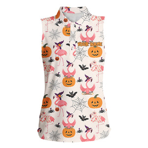 Funny Women sleeveless polo shirt custom Halloween pumpkin flamingo pattern, Halloween golf outfit NQS8519