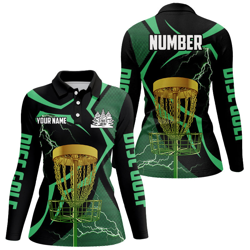 Black green Womens disc golf polo shirts custom lightning thunder disc golf basket, disc golf gifts NQS8520