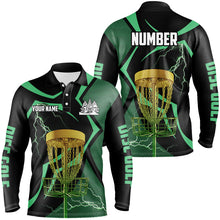 Load image into Gallery viewer, Black and green Men disc golf polo shirt custom lightning thunder disc golf basket, frisbee golf gifts NQS8520