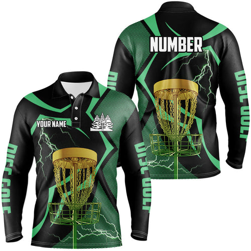 Black and green Men disc golf polo shirt custom lightning thunder disc golf basket, disc golf gifts NQS8520