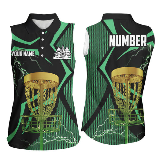 Black green Women sleeveless polo shirt custom lightning thunder disc golf basket, disc golf gifts NQS8520