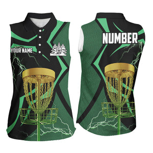 Black green Women sleeveless polo shirt custom lightning thunder disc golf basket, frisbee golf gifts NQS8520