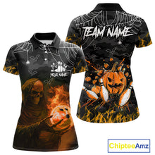 Load image into Gallery viewer, Black Bowling Camo Orange flame Skull Custom Halloween Bowling Shirts For Women, Bowling Team Jerseys NQS10705