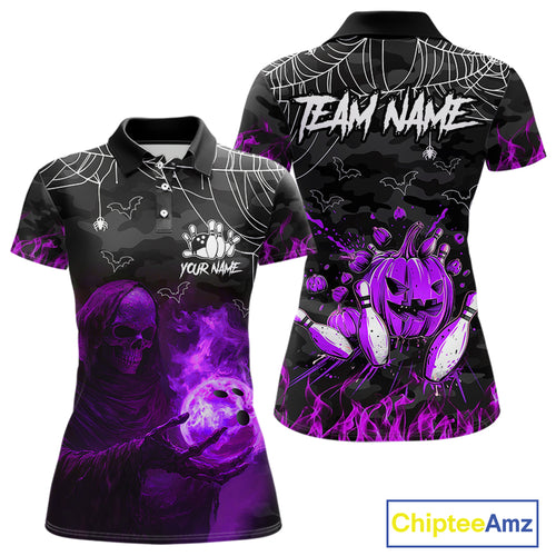 Black Bowling Camo Purple flame Skull Custom Halloween Bowling Shirts For Women, Bowling Team Jerseys NQS10706