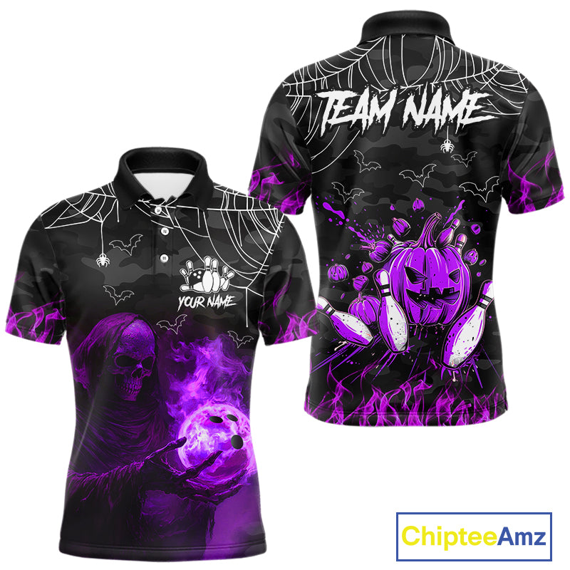 Black Bowling Camo Purple flame Skull Custom Halloween Bowling Shirts For Men, Bowling Team Jerseys NQS10706
