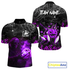 Load image into Gallery viewer, Black Bowling Camo Purple flame Skull Custom Halloween Bowling Shirts For Men, Bowling Team Jerseys NQS10706