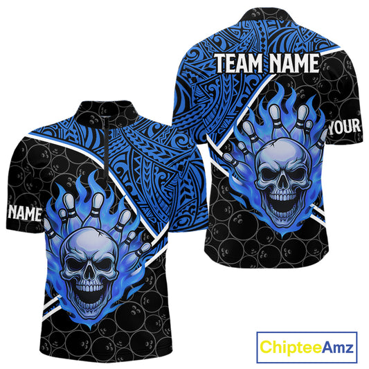 Black and Blue Flame Skull tribal pattern camo Bowling Shirts for Men Custom Bowling Team Jersey NQS10916