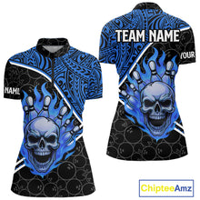 Load image into Gallery viewer, Black and Blue Flame Skull tribal pattern camo Bowling Shirts for Women Custom Bowling Team Jersey NQS10916