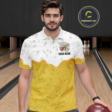 Load image into Gallery viewer, Custom White And Yellow Funny Beer Bowling Men Polo, Quarter Zip Shirts, Beer Glass Bowling Jersey NQS10918