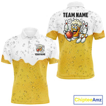 Load image into Gallery viewer, Custom White And Yellow Funny Beer Bowling Men Polo, Quarter Zip Shirts, Beer Glass Bowling Jersey NQS10918