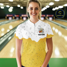 Load image into Gallery viewer, Custom White And Yellow Funny Beer Bowling Women Polo, Quarter Zip Shirts, Beer Glass Bowling Jersey NQS10918